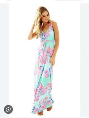 Lilly Pulitzer Aqua Maxi Dress with Pink & Blue Shell Print